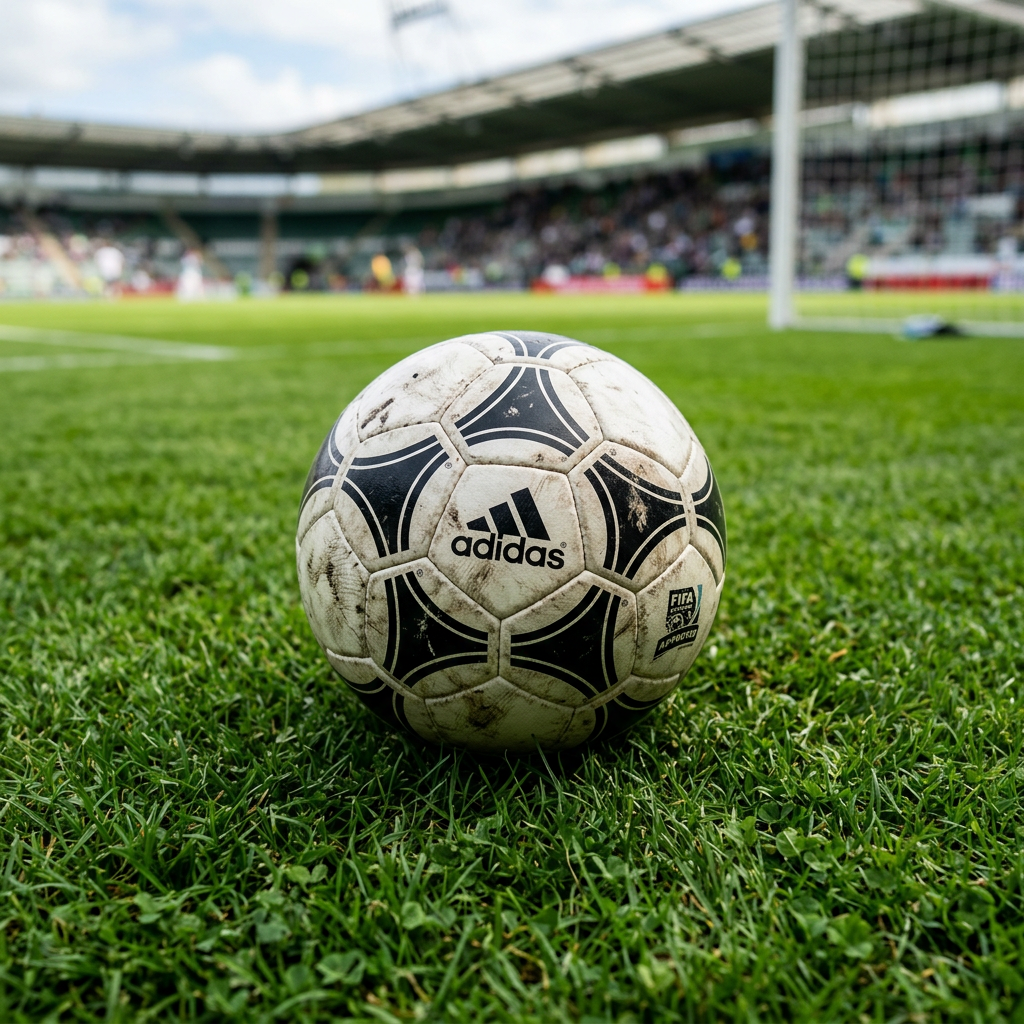 Worn Adidas soccer ball on green grass near goalpost in stadium