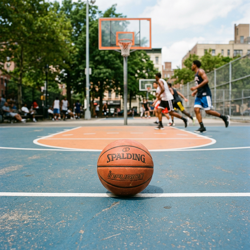 Basketball on court with players running near hoop outdoors