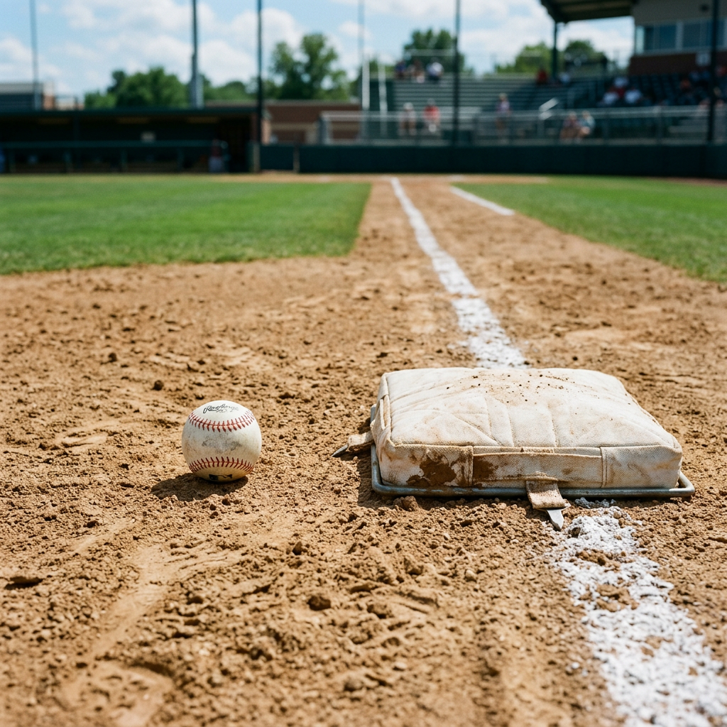 Baseball on dirt next to worn first base on a baseball field