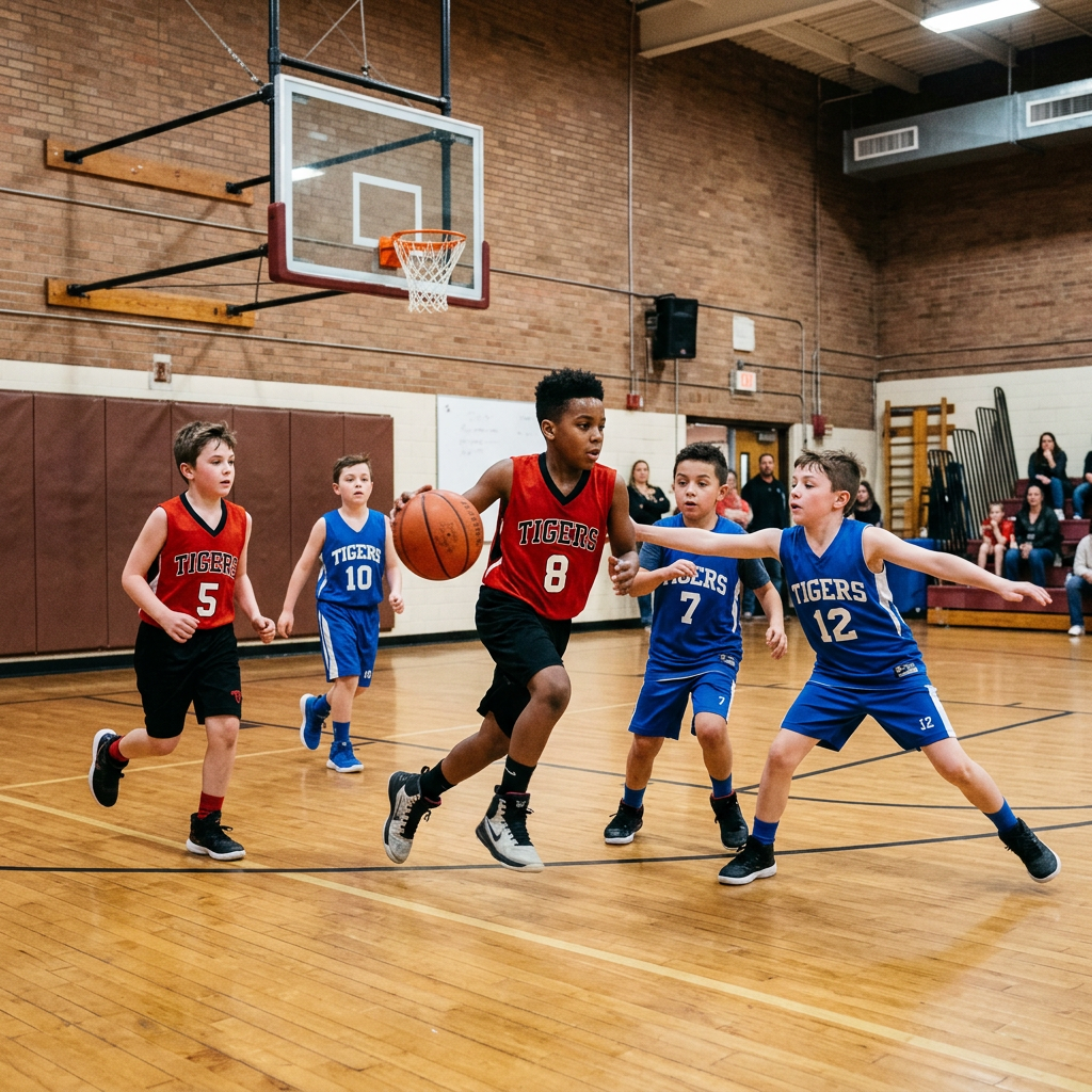 Youth basketball players with red and blue jerseys in gym during game action